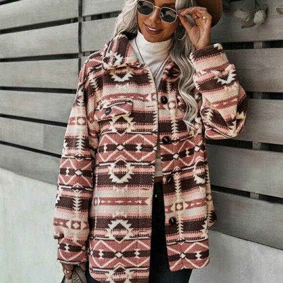 Geo Pattern Drop Shoulder Fleece Coat - Picture 5 of 8